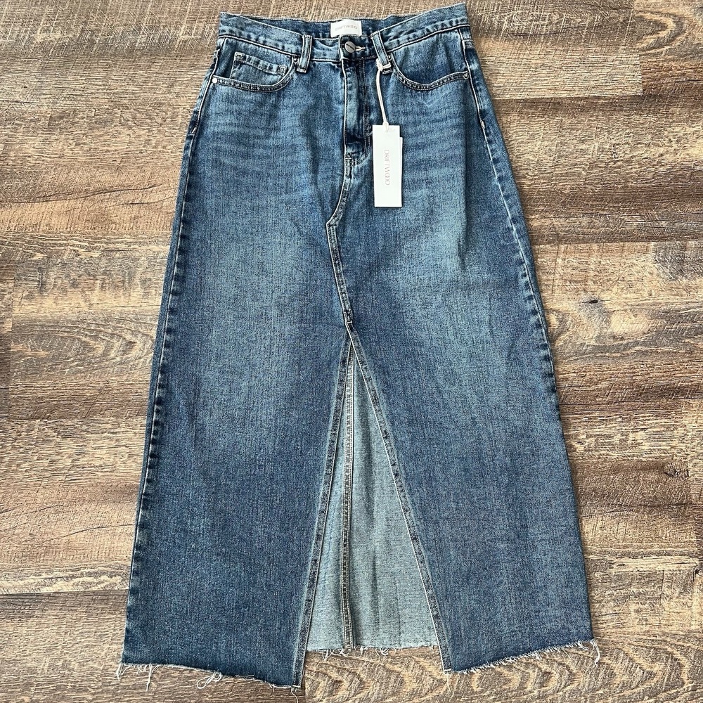 Driftwood Denim Sarah Front Slit Midi Skirt 28 Medium Wash Raw Hem Boho Festival